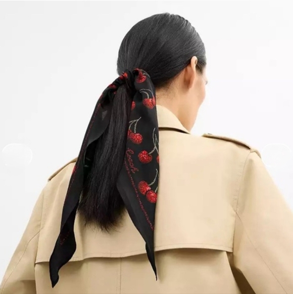 Authentic Coach Silk Diamond Black Scarf with Red Cherry Print Design NWT Cute! - Picture 3 of 4